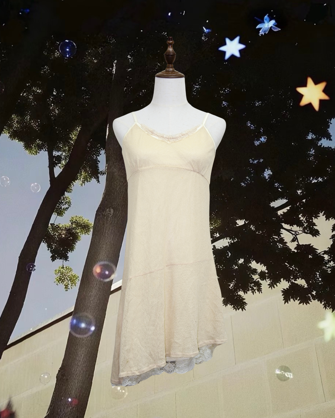 Cream Knit Cami Dress with Lace Hem