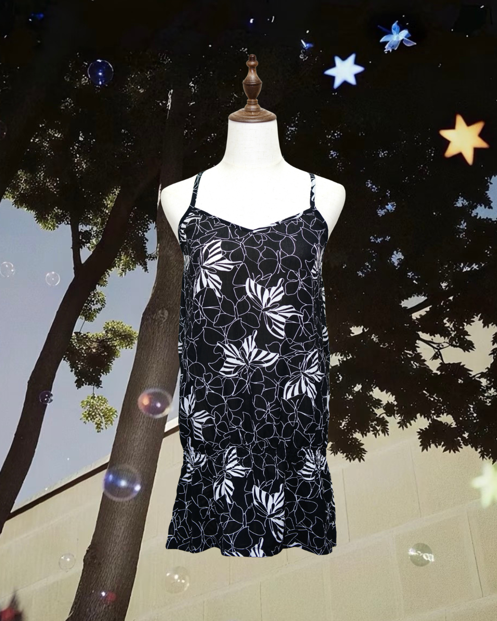 Black & White Butterfly Print Camisole Mini Dress with Ruffle Hem