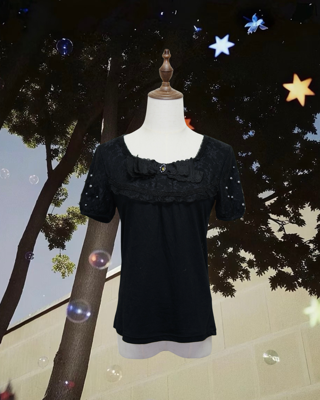 Black Lace & Pearl-Embellished Square Neck Short-Sleeve