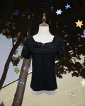 Black Lace & Pearl-Embellished Square Neck Short-Sleeve