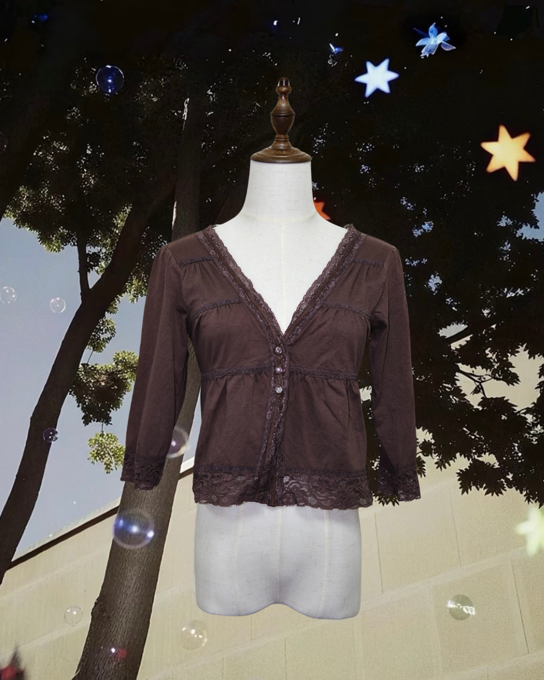 Deep Brown Lace-Trimmed V-Neck 3/4 Sleeve Cardigan