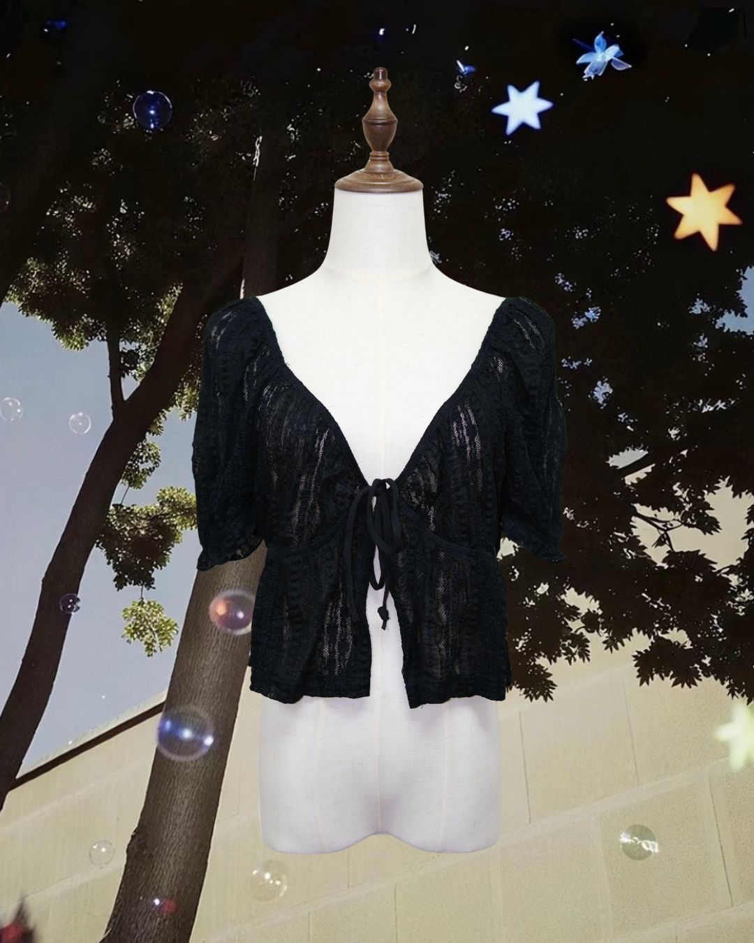 Black Textured Openwork Tie-Front Cropped Cardigan