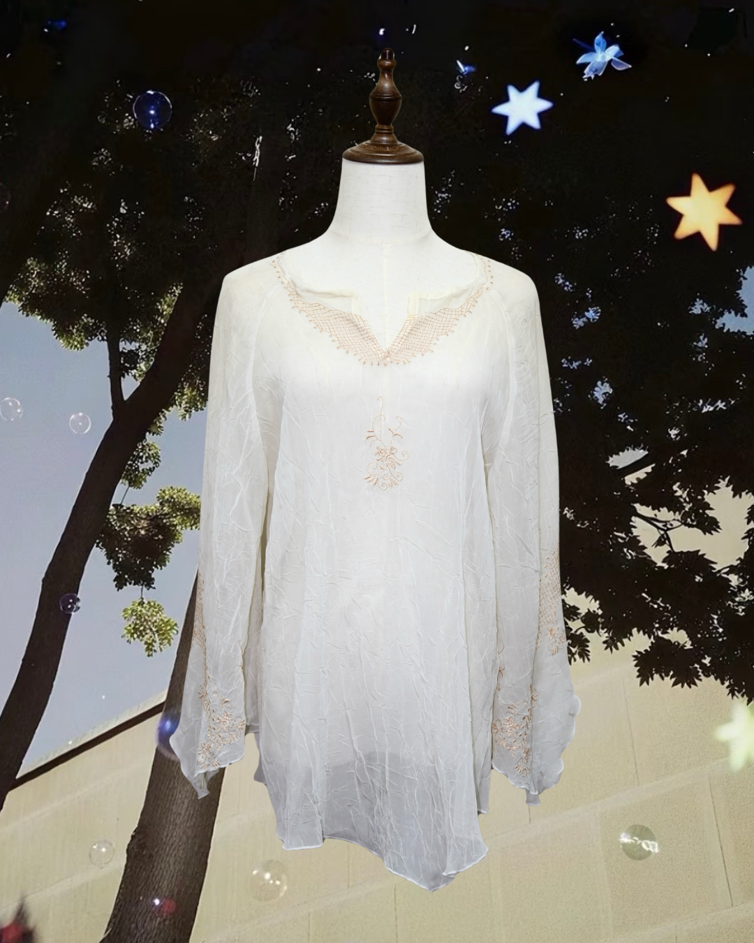 Off-White Embroidered V-Neck Loose Flare Sleeve Chiffon Tunic