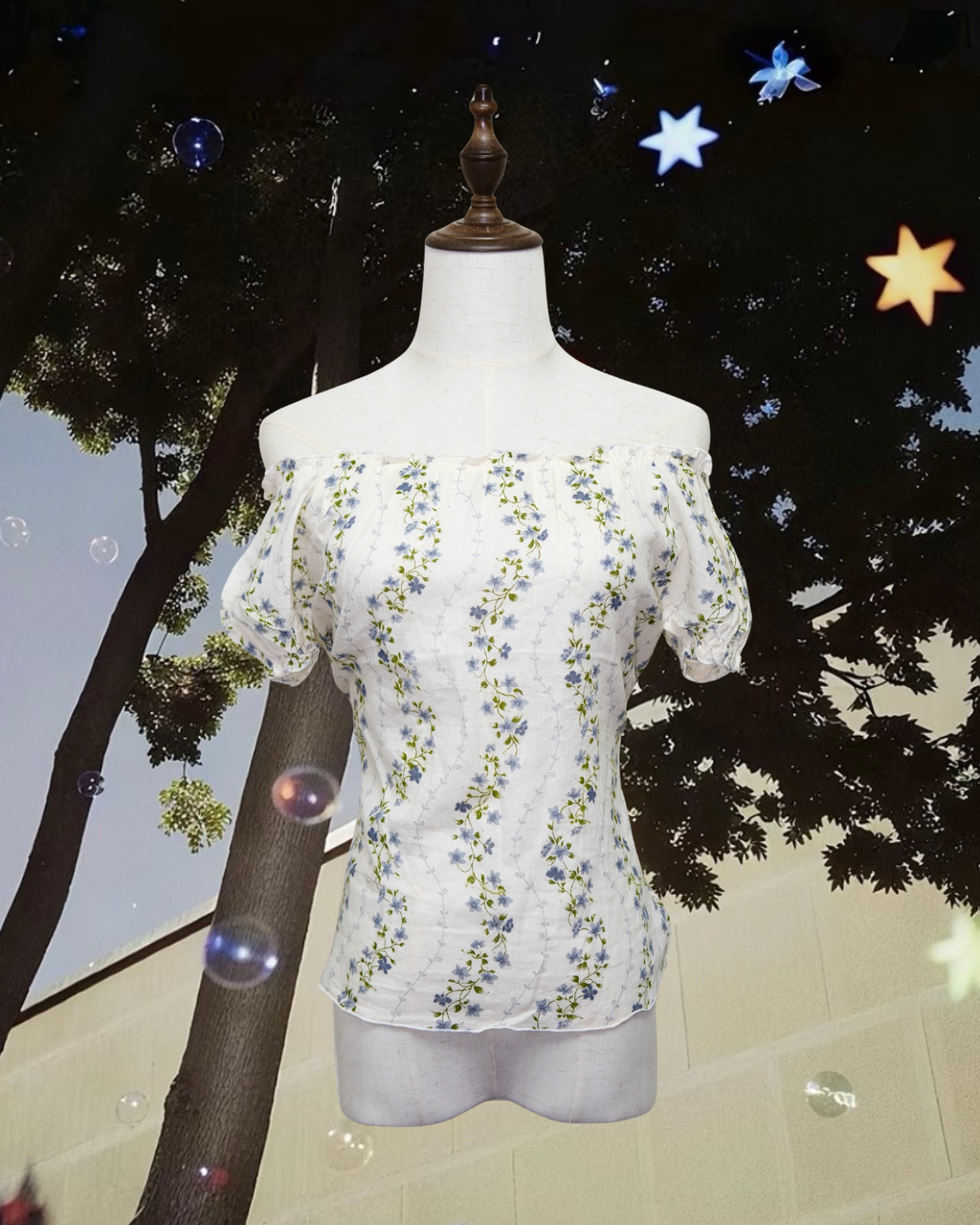 White & Blue Floral Off-Shoulder Puff Sleeve Top