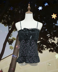 Black Paisley Lace Satin Bow Ruffle Cami Strap