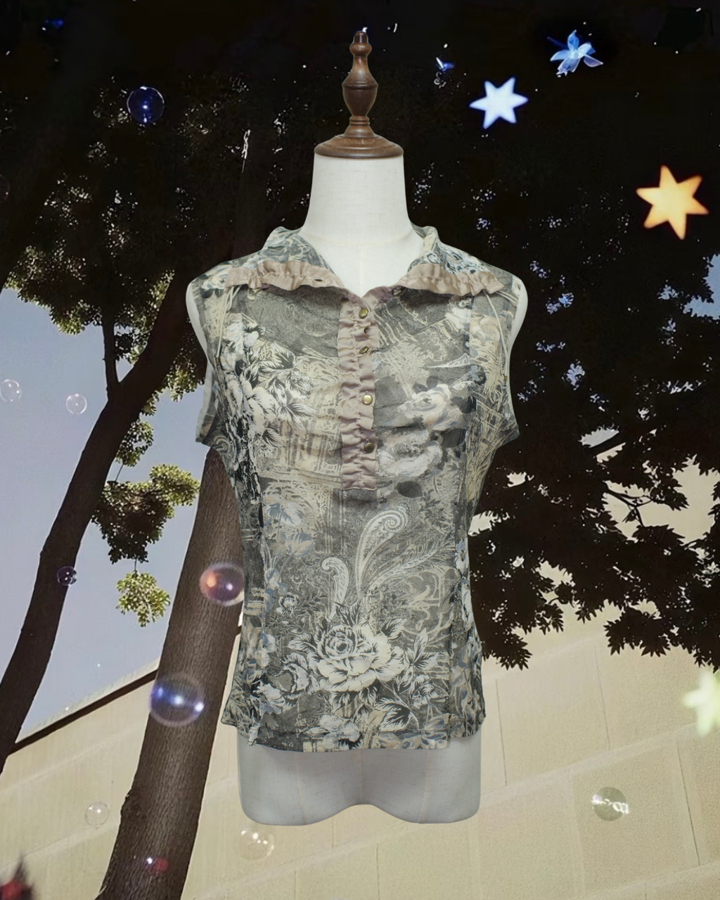 Grey Floral Mesh Ruffle Collar Sleeveless Top