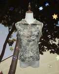 Grey Floral Mesh Ruffle Collar Sleeveless Top