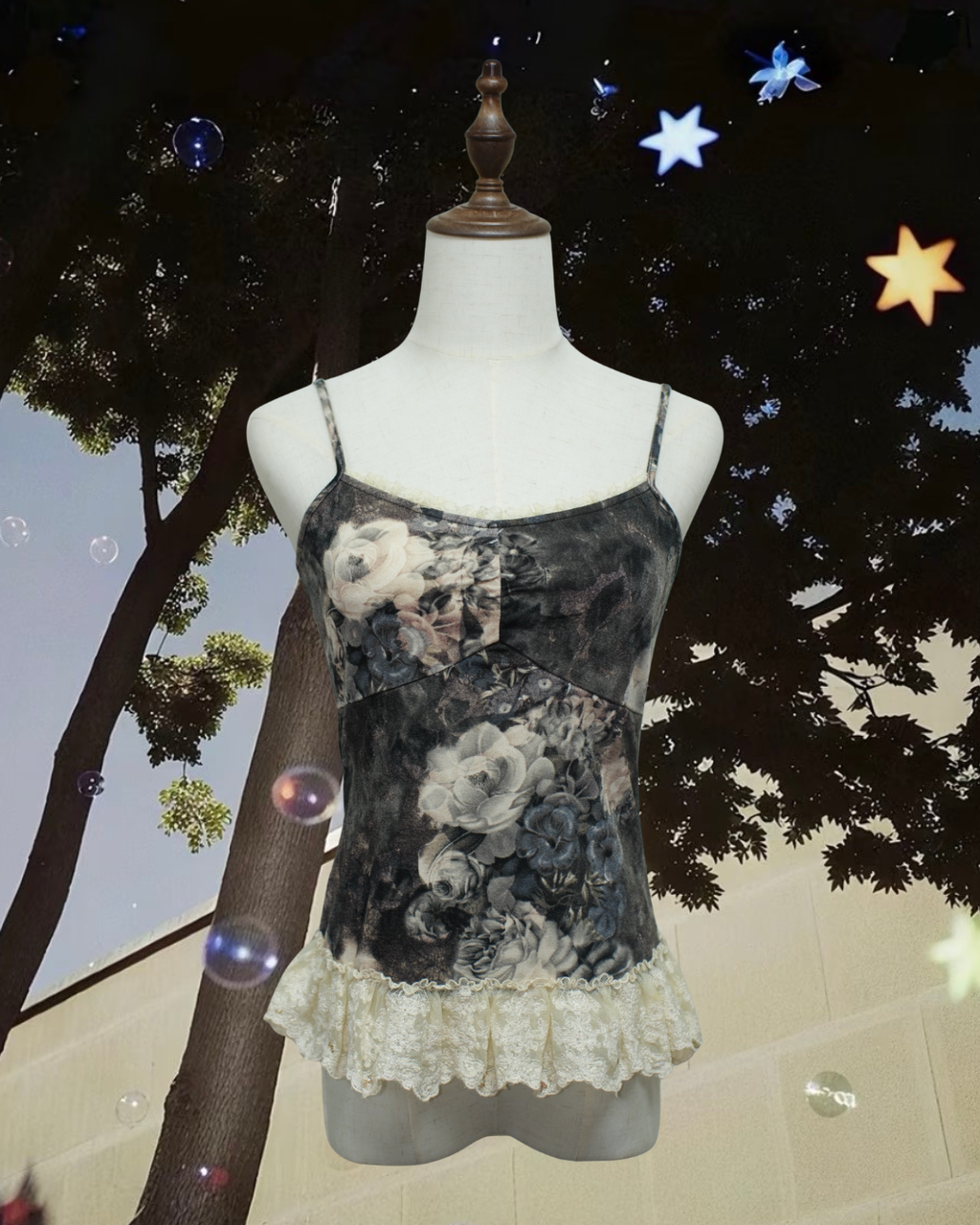 Dark Base Grey Rose Lace Ruffle Cami
