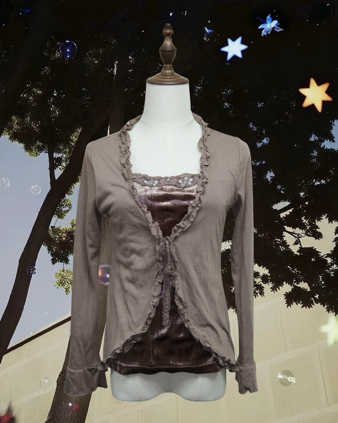 Mocha Ruffle Tie Fake Two-Piece Velvet Long Sleeve Top