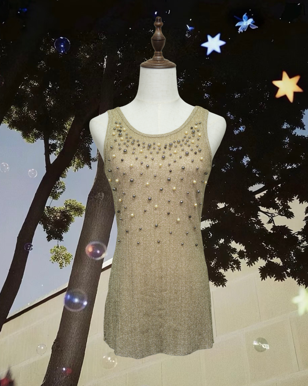 Gold Glitter Rhinestone & Pearl Tank Top