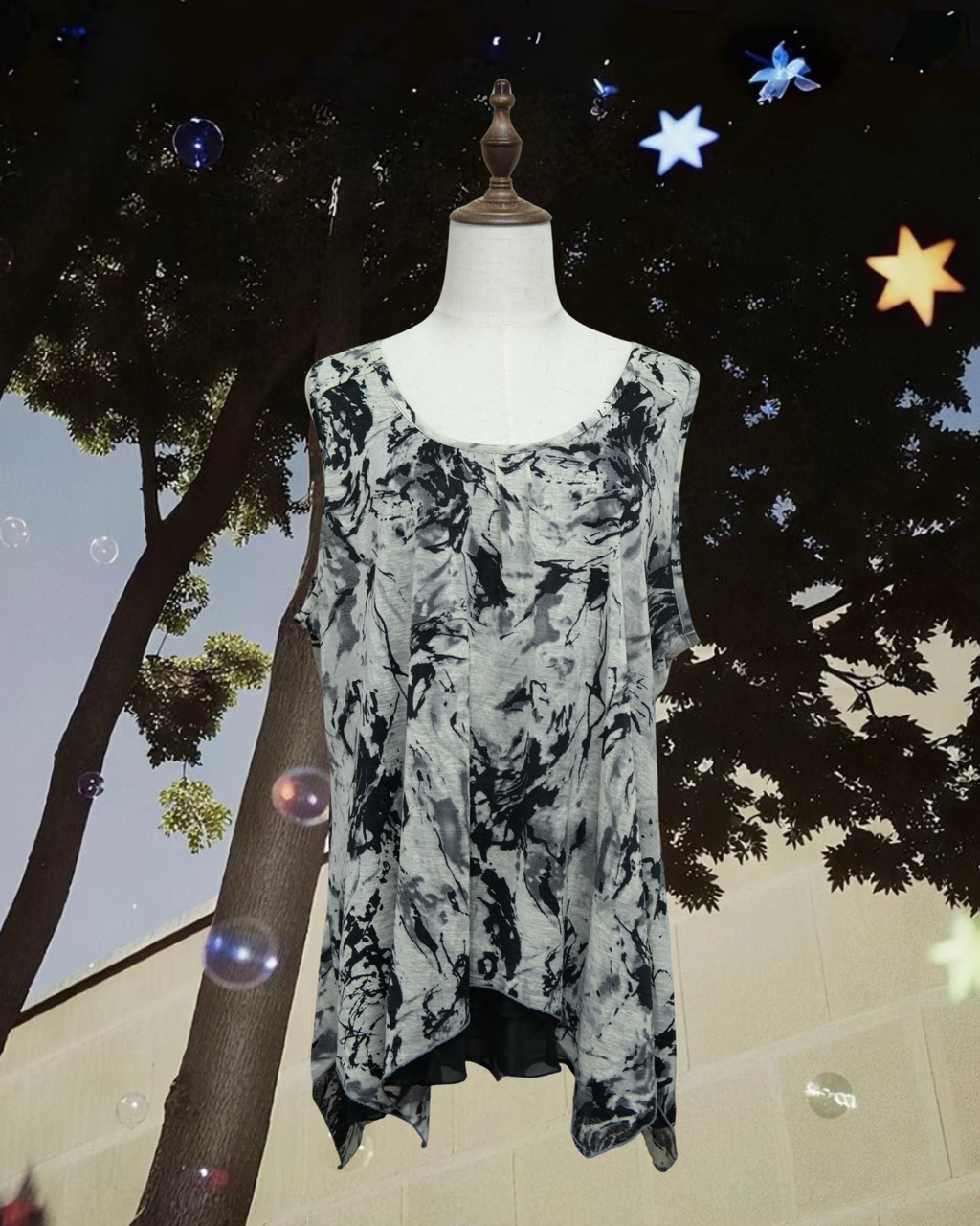 Ink Wash Print Irregular Hem Double-Layer Top