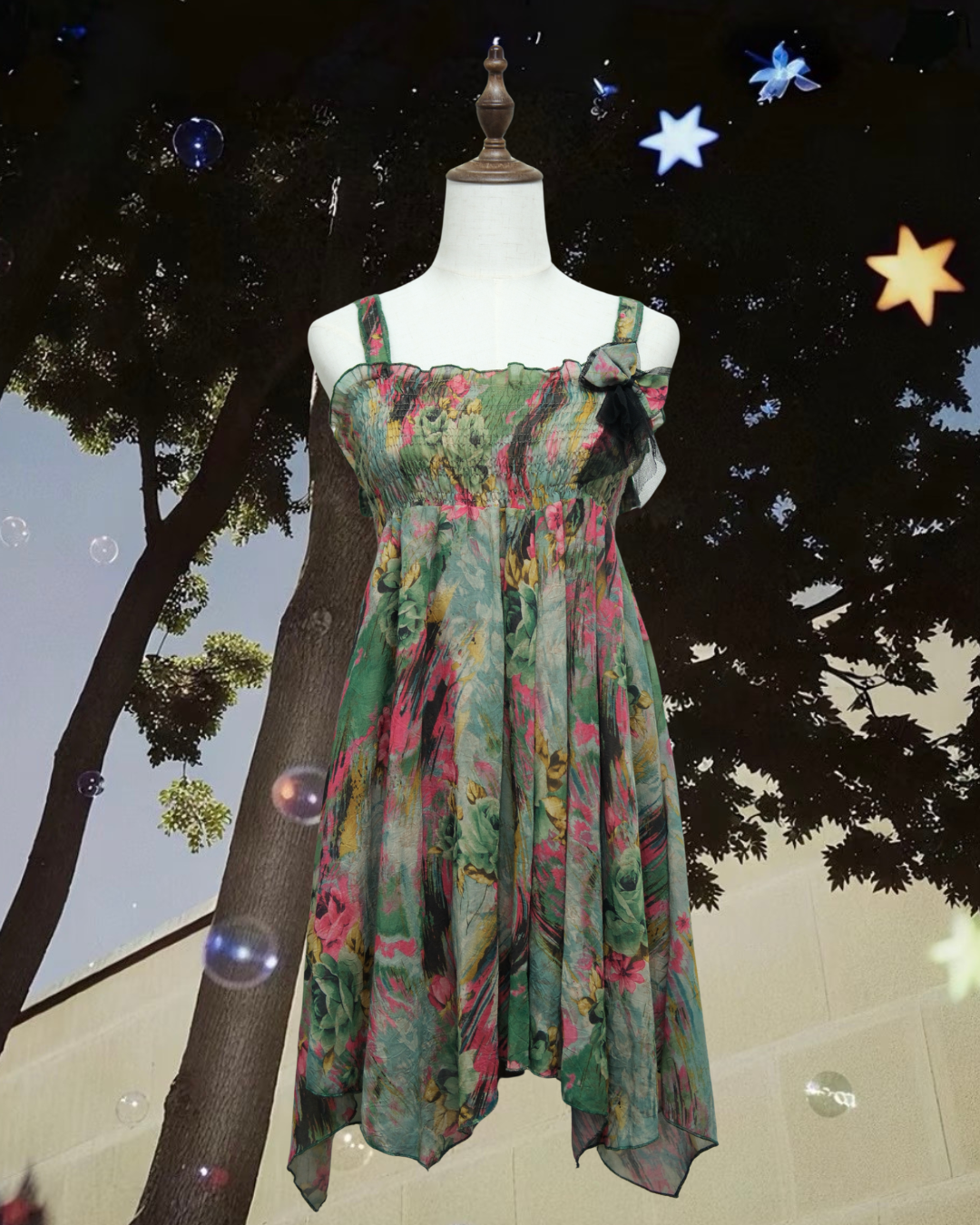 Green Floral Smocked Waist Irregular Chiffon Cami Mini Dress