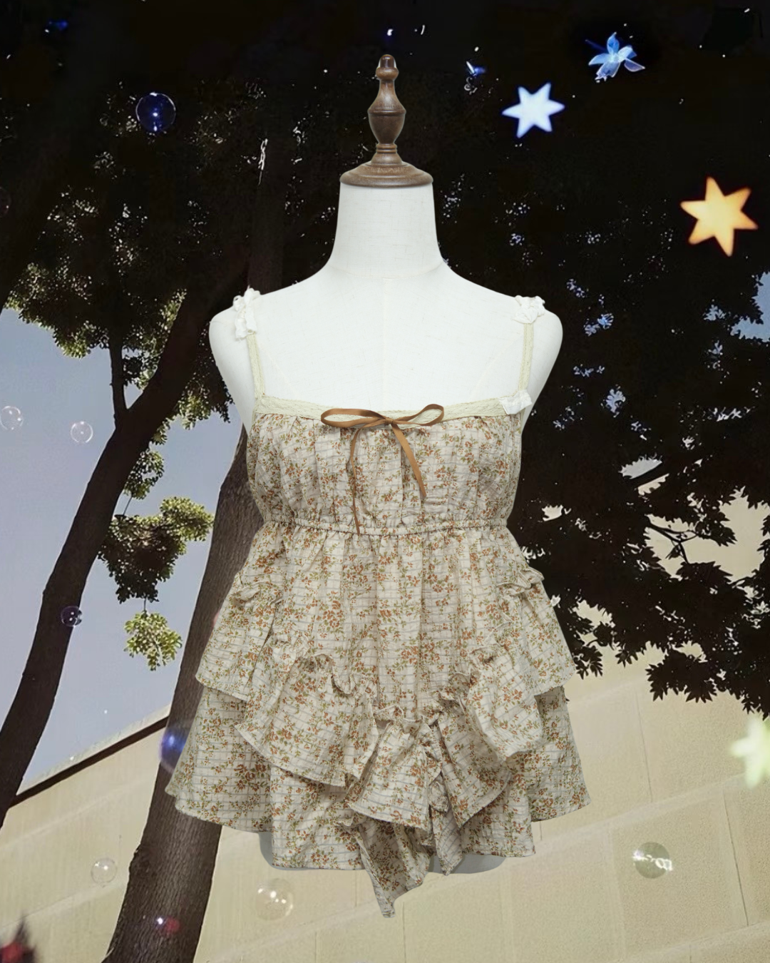 Beige Floral Ruffled Layer Tie Blouse