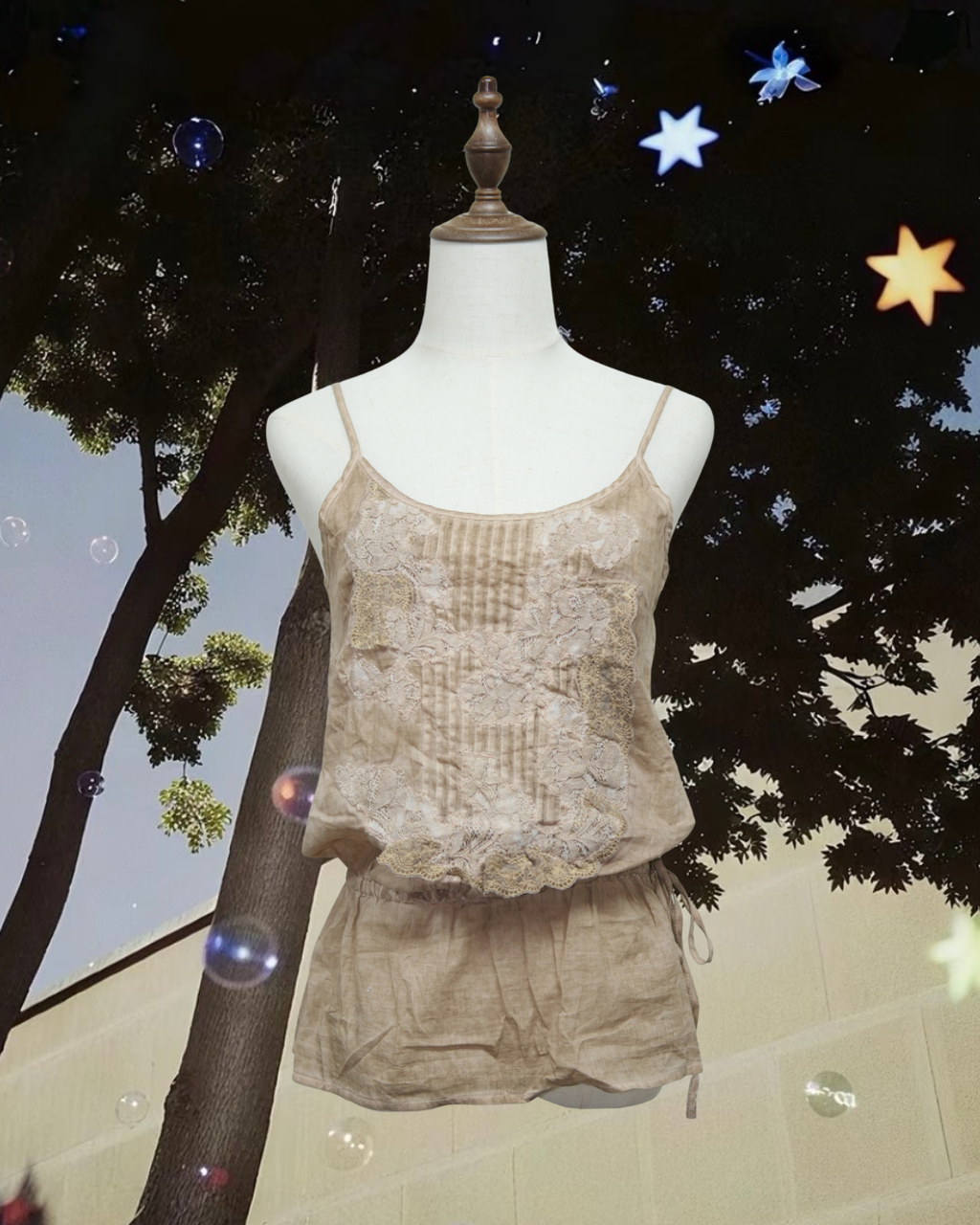 Coffee Lace Embroidery Waist Drawstring Blouse