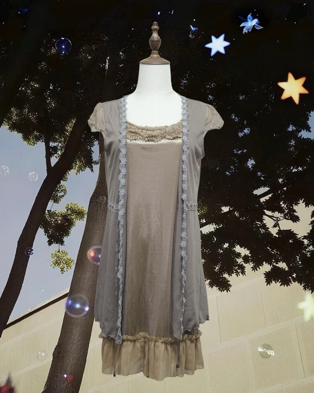 Grey Coffee Lace Dress Cardigan Inner Two-Piece