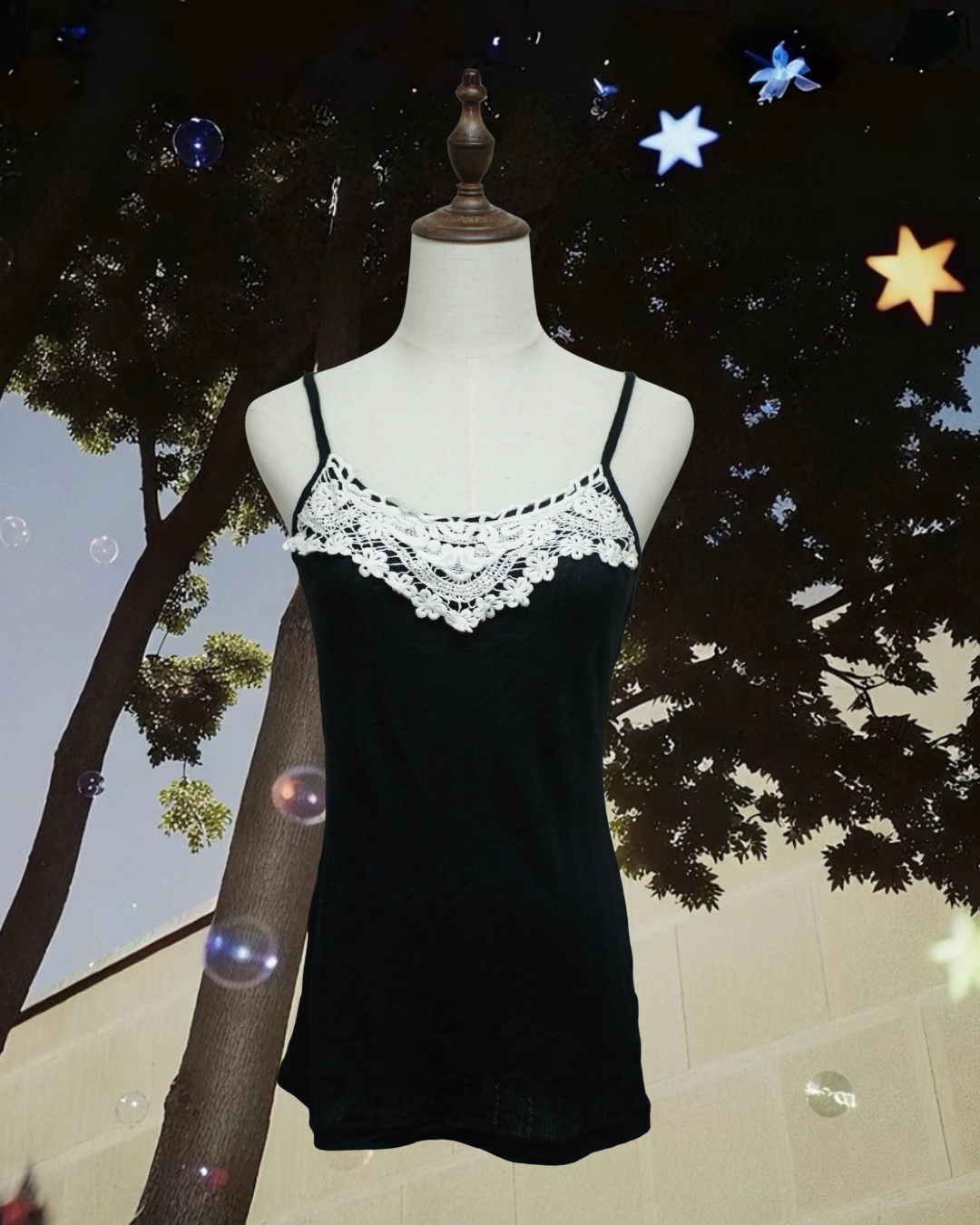 Black Base White Crochet Neck Wear