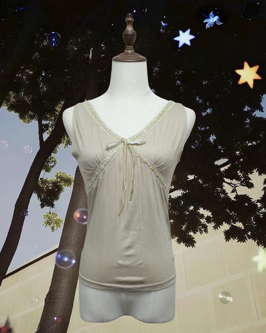 Beige Beaded Bow Sleeveless Wear