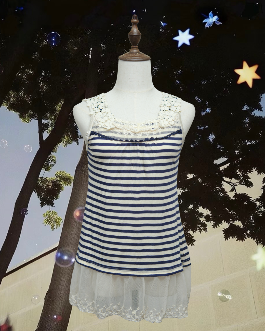 Navy‑White Stripe Crochet Mesh‑Hem Wear