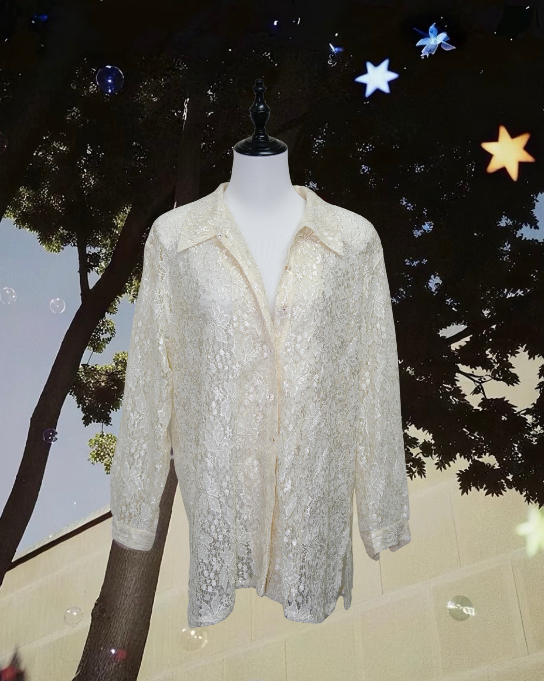 Coquette Sheer Lace Oversized Button Up Blouse