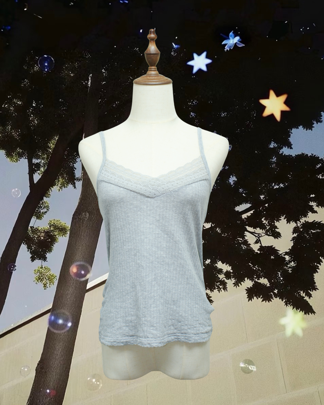 Heather Grey Scalloped Lace Waffle Slim Tank