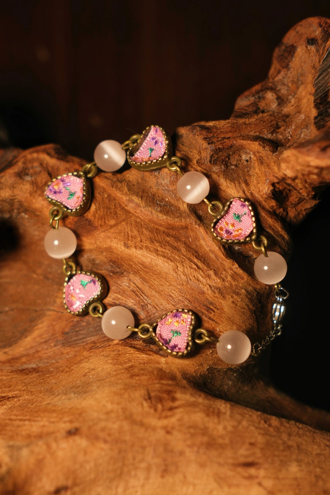 Pink Lavender Heart Cat‑Eye Bracelet