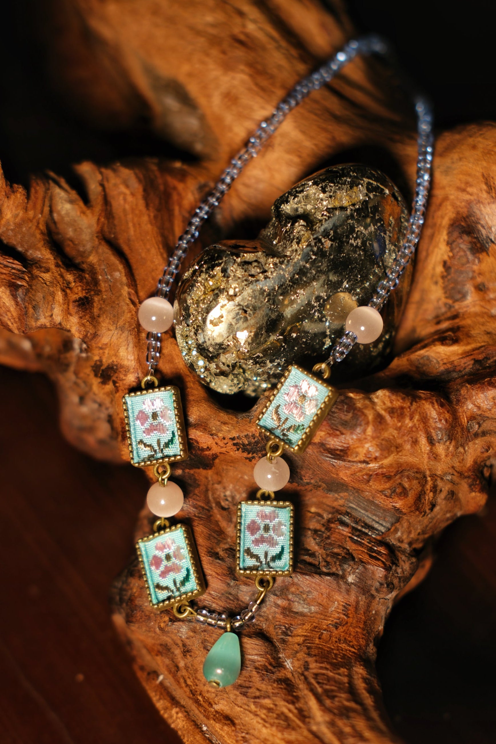 Mint Floral‑Embroidery Rose‑Quartz Necklace