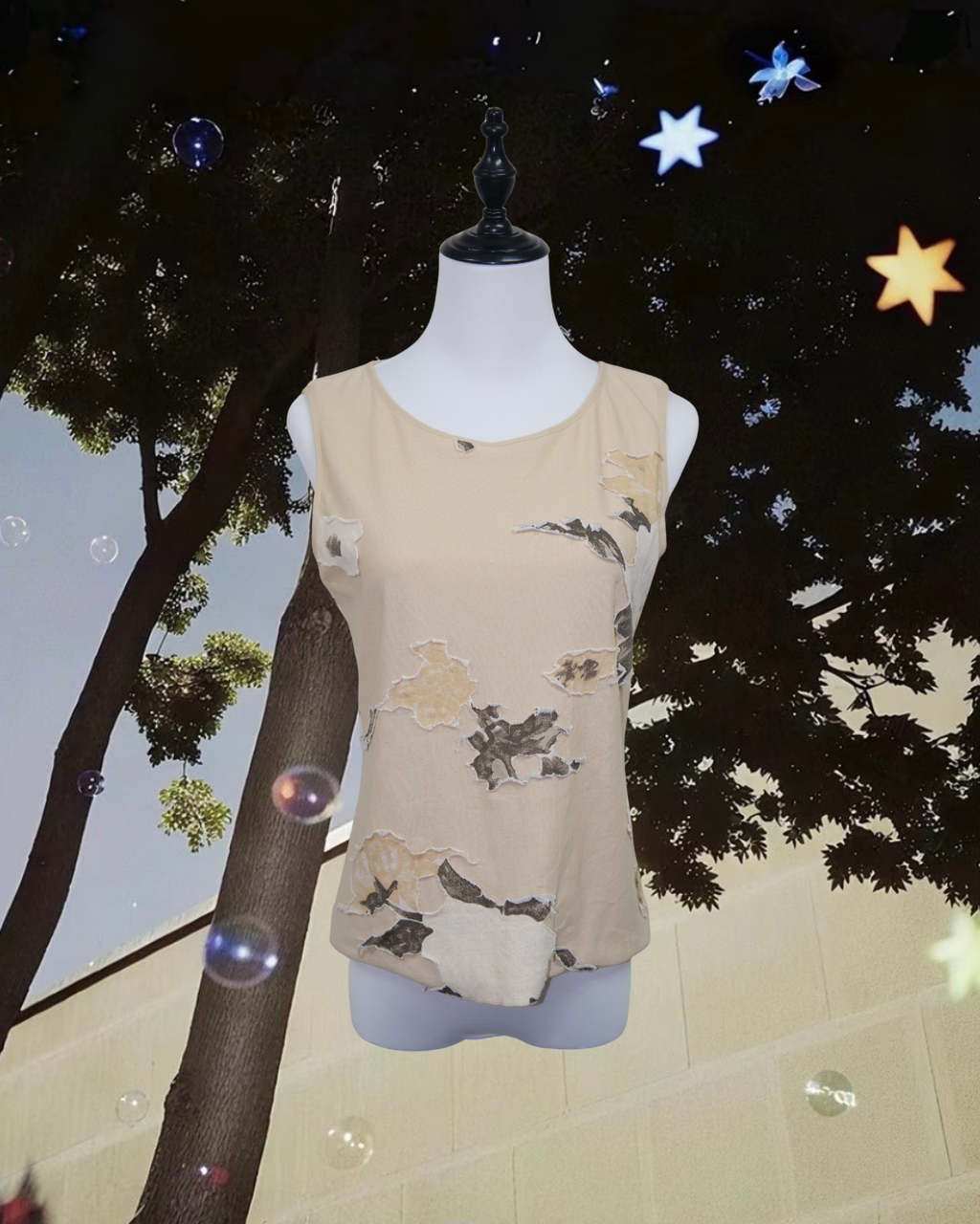 Beige Abstract Floral Appliqué Tank Top