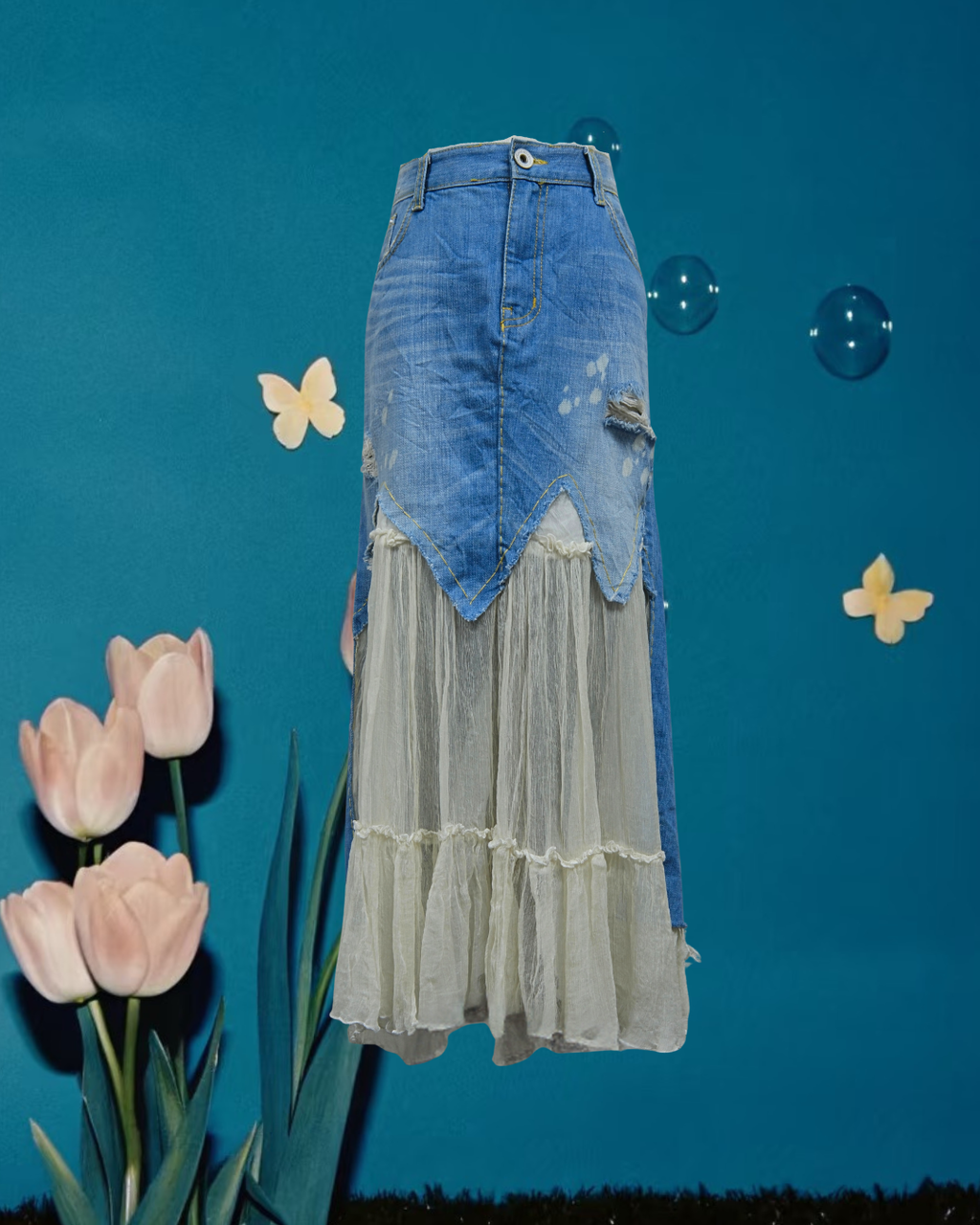 Blue Denim & Tulle Layered Distressed Skirt