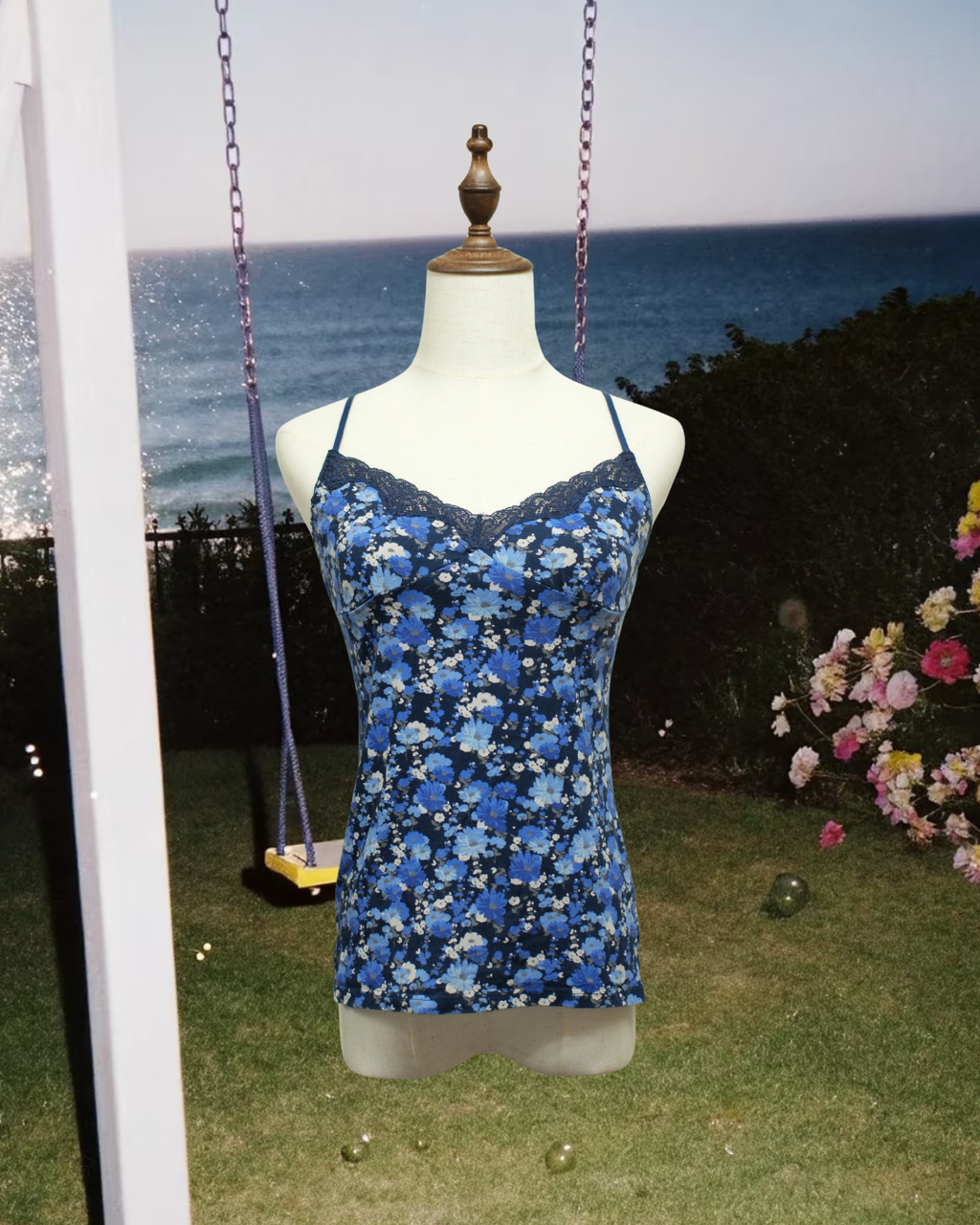 Navy Base Floral V-Neck Lace Trim Wear