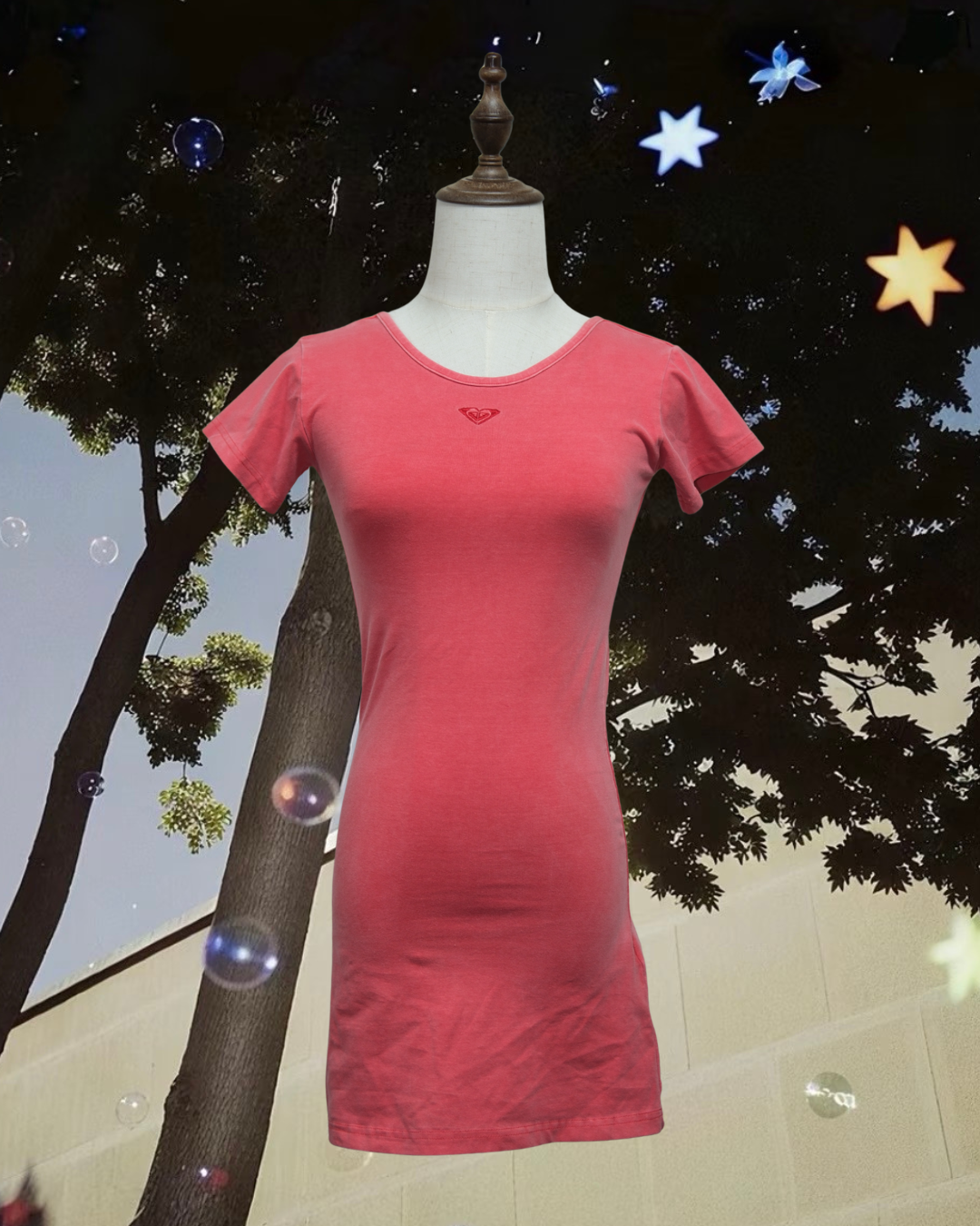 Washed Red Heart Embroidery Slim Short Sleeve Dress