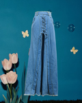 Light Blue Denim Lace-Up Front Maxi Skirt