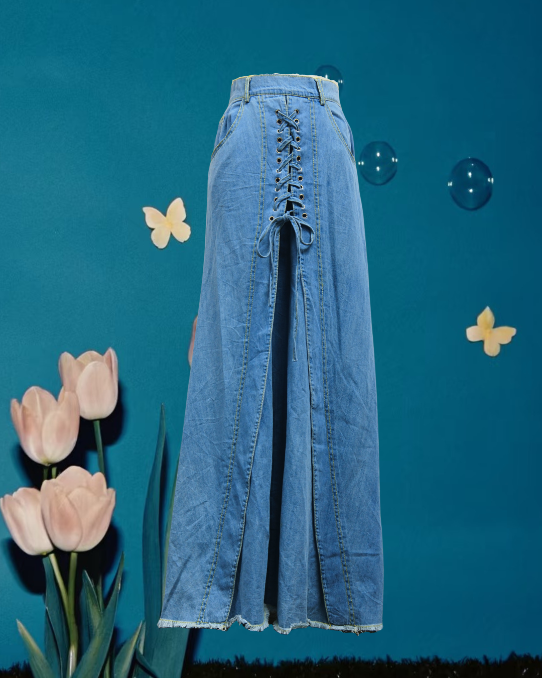 Light Blue Denim Lace-Up Front Maxi Skirt