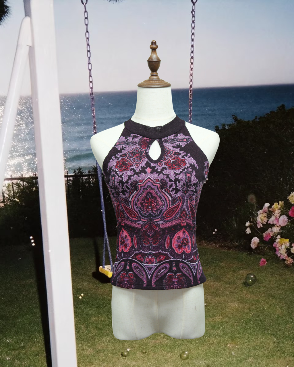 Purple-Pink Ethnic Print Halter Keyhole Wear