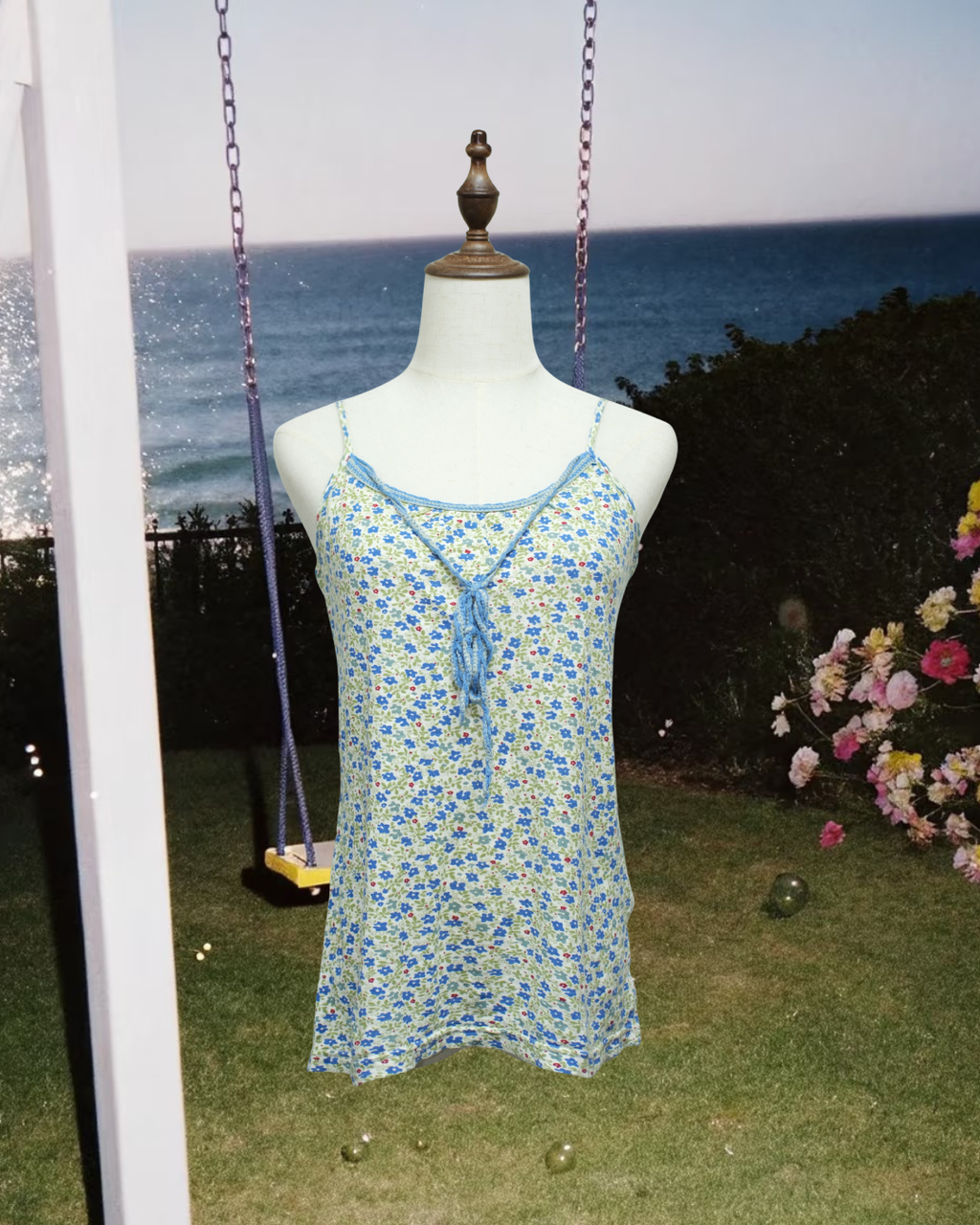 Light Base Blue Green Floral Front Tie Wear