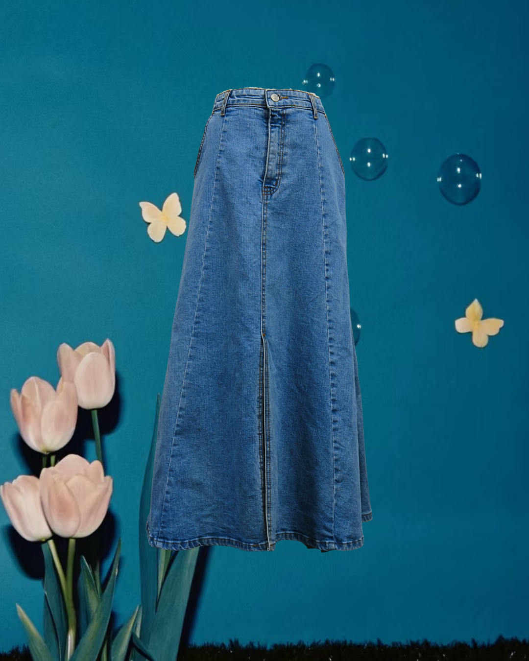Blue Denim High Waist A-Line Midi Skirt