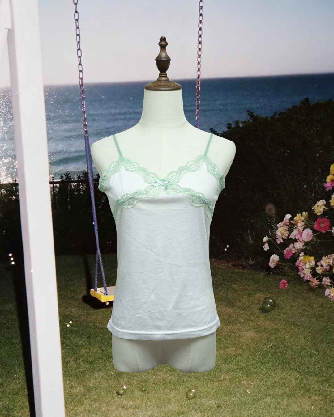Off-white Light Green Lace V-Neck Bow Wear