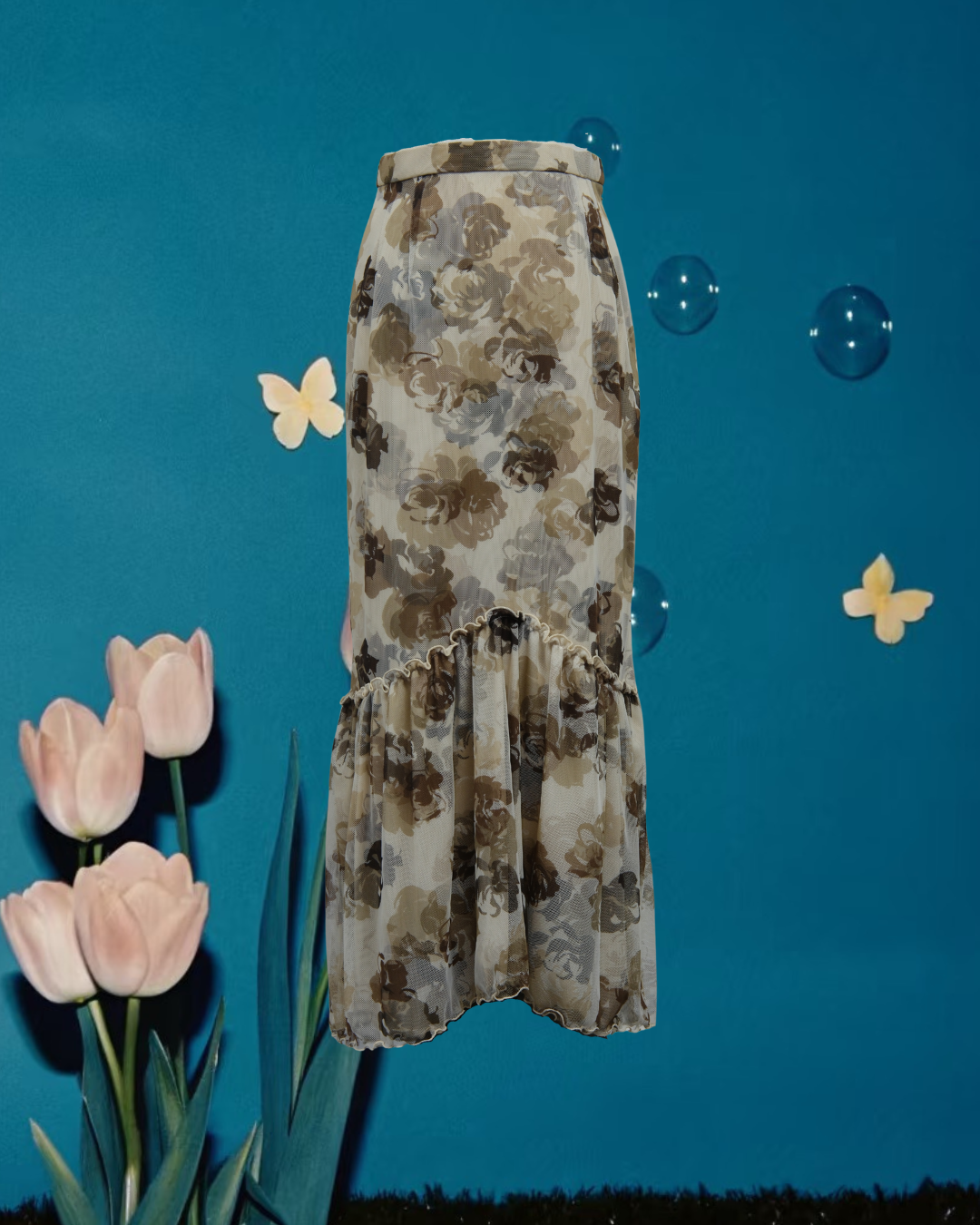 Beige Floral Print Tiered Chiffon Midi Skirt