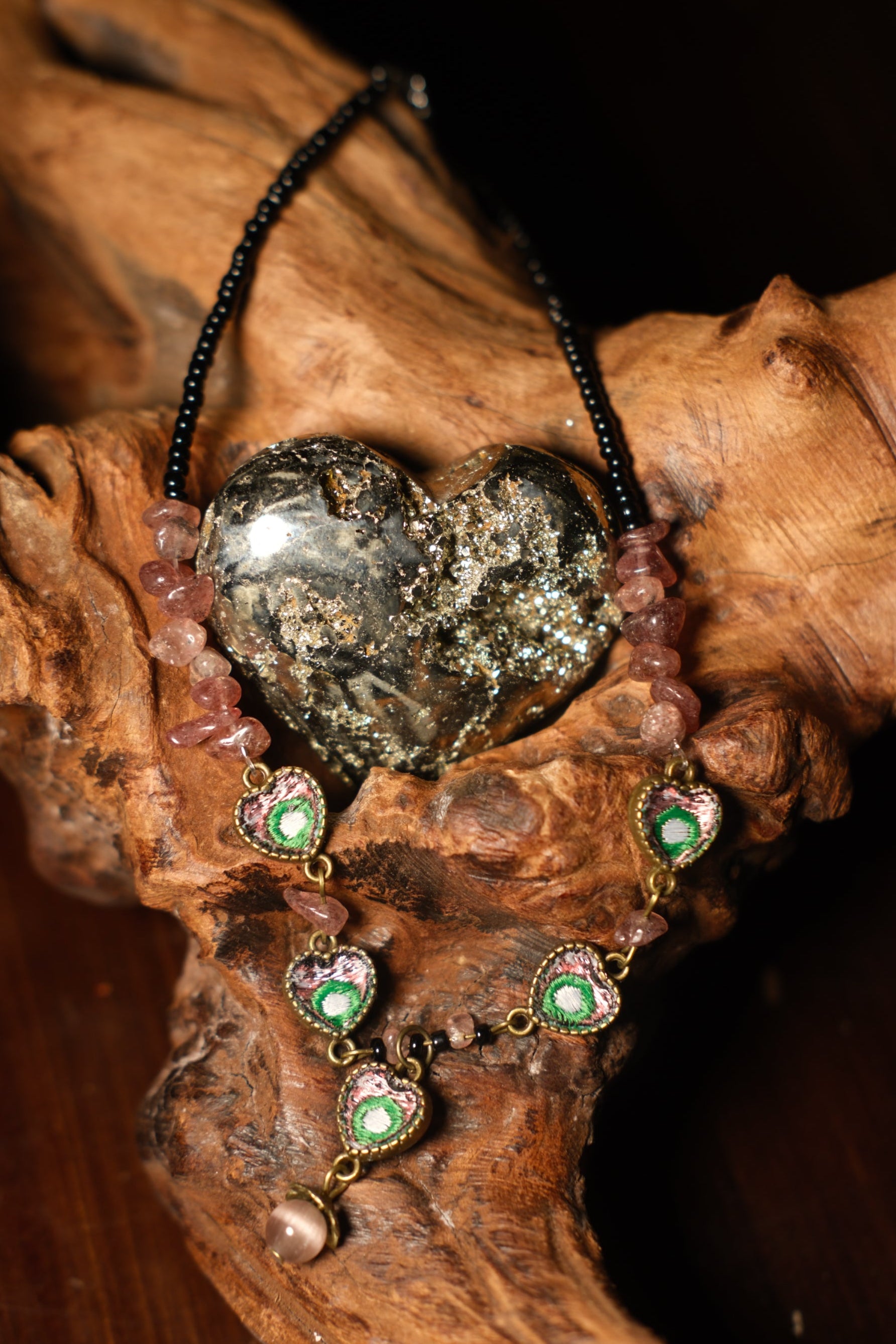 Peacock‑Eye Heart Embroidery Strawberry Quartz Necklace
