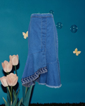 Blue Denim Asymmetrical Skirt with Lace Trim