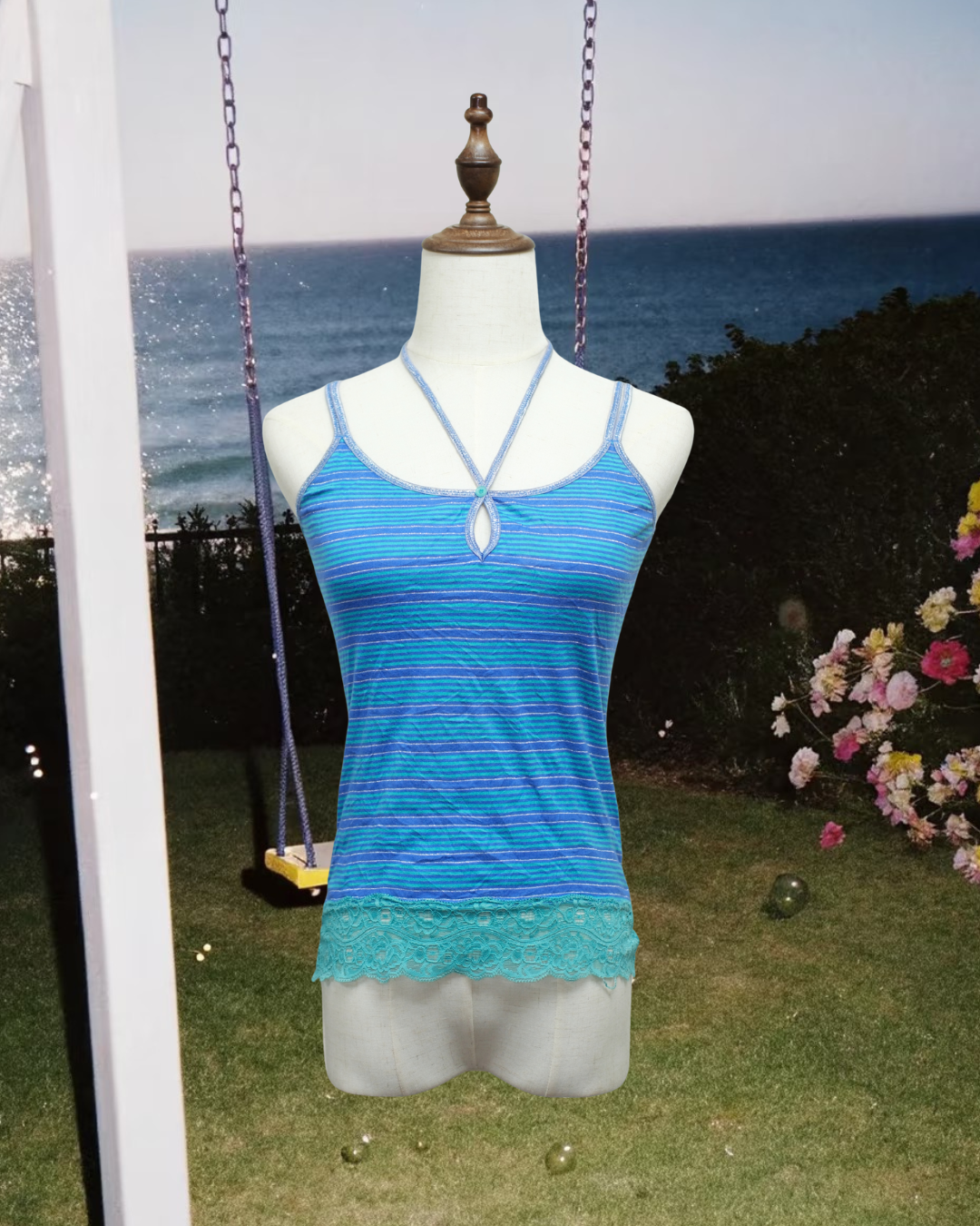 Blue Green Stripe Halter Cutout Lace Hem Wear