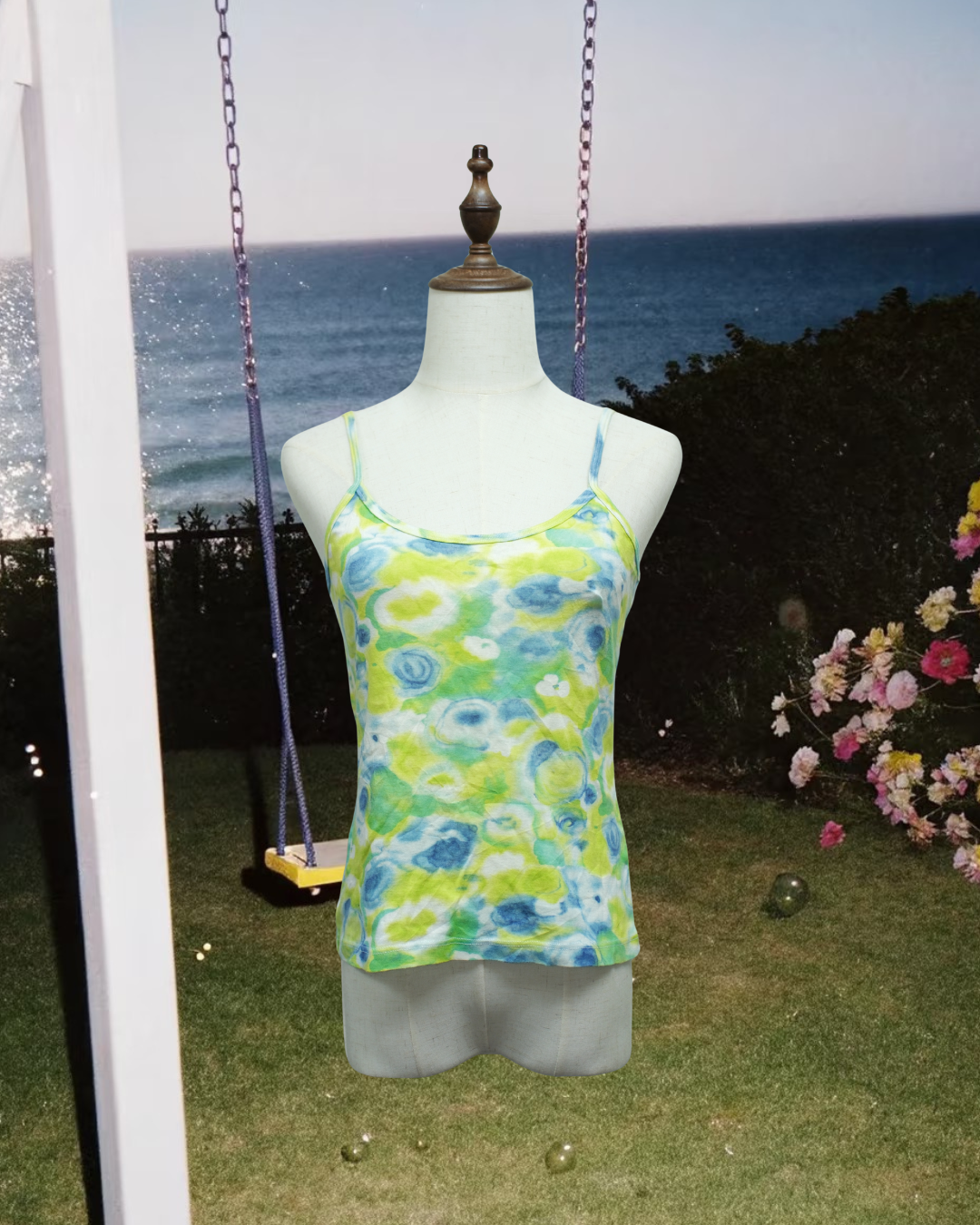 Green Blue Swirl Tie-dye Round Neck Double Strap Wear