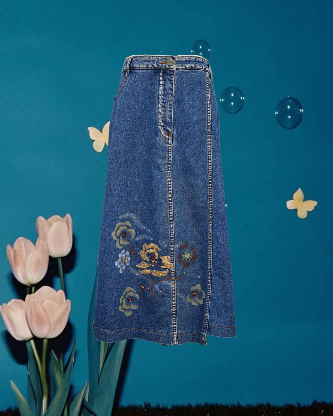 Floral Embroidered Blue Jean Skirt