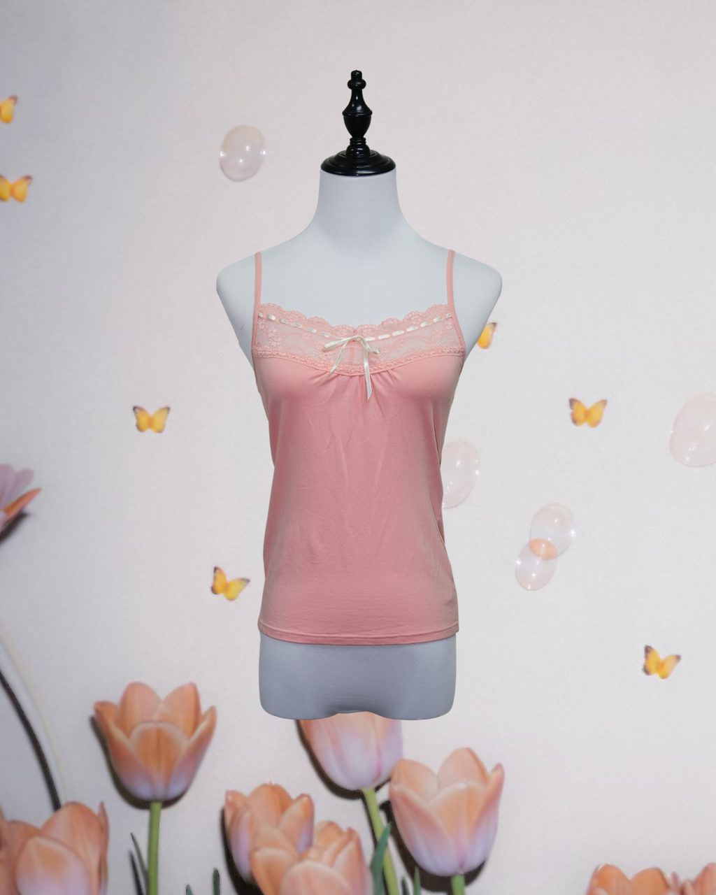 Pink Lace Trim Cami with White Ribbon Bow