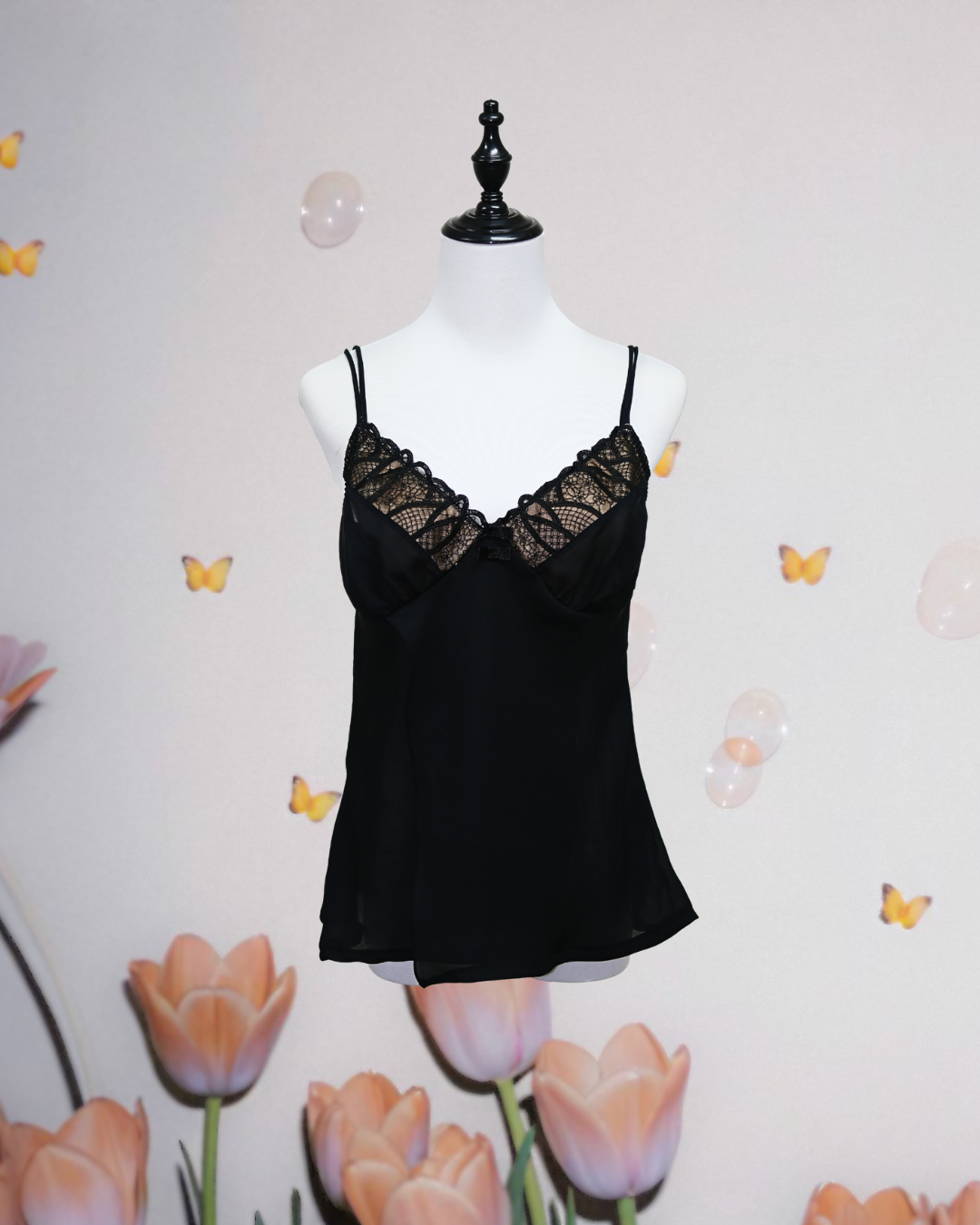 Black Lace & Satin Camisole with Double Straps
