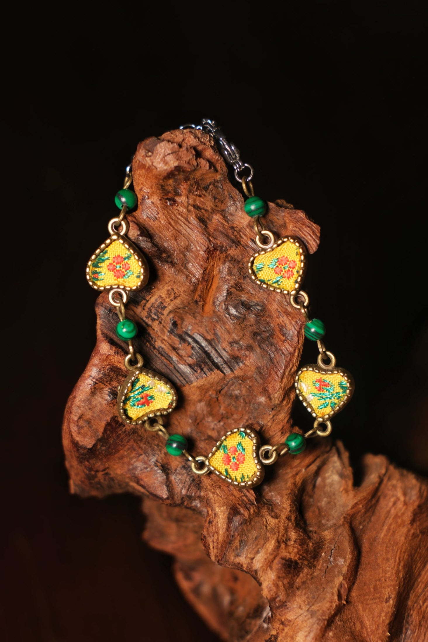 Yellow Floral‑Heart Embroidery Malachite Bracelet