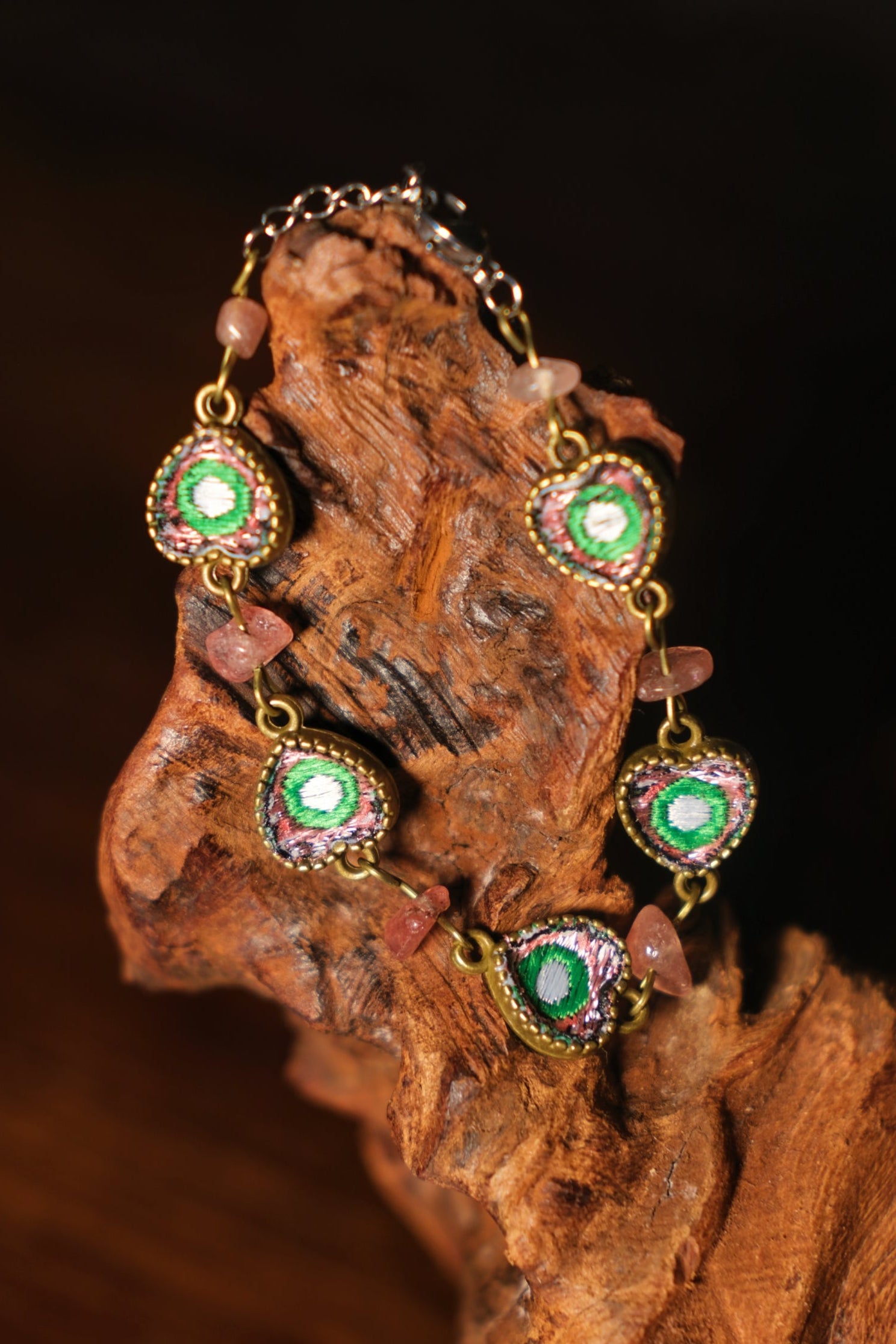 Peacock‑Eye Heart Embroidery Strawberry Quartz Bracelet