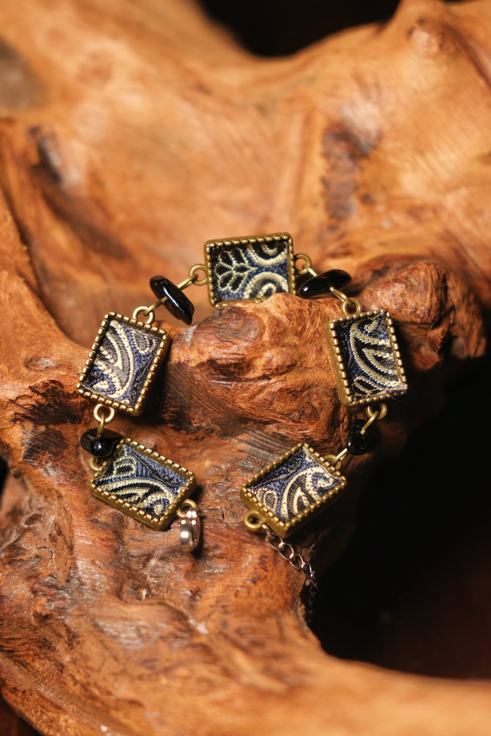 Dark‑Blue Pattern Obsidian Embroidery Bracelet