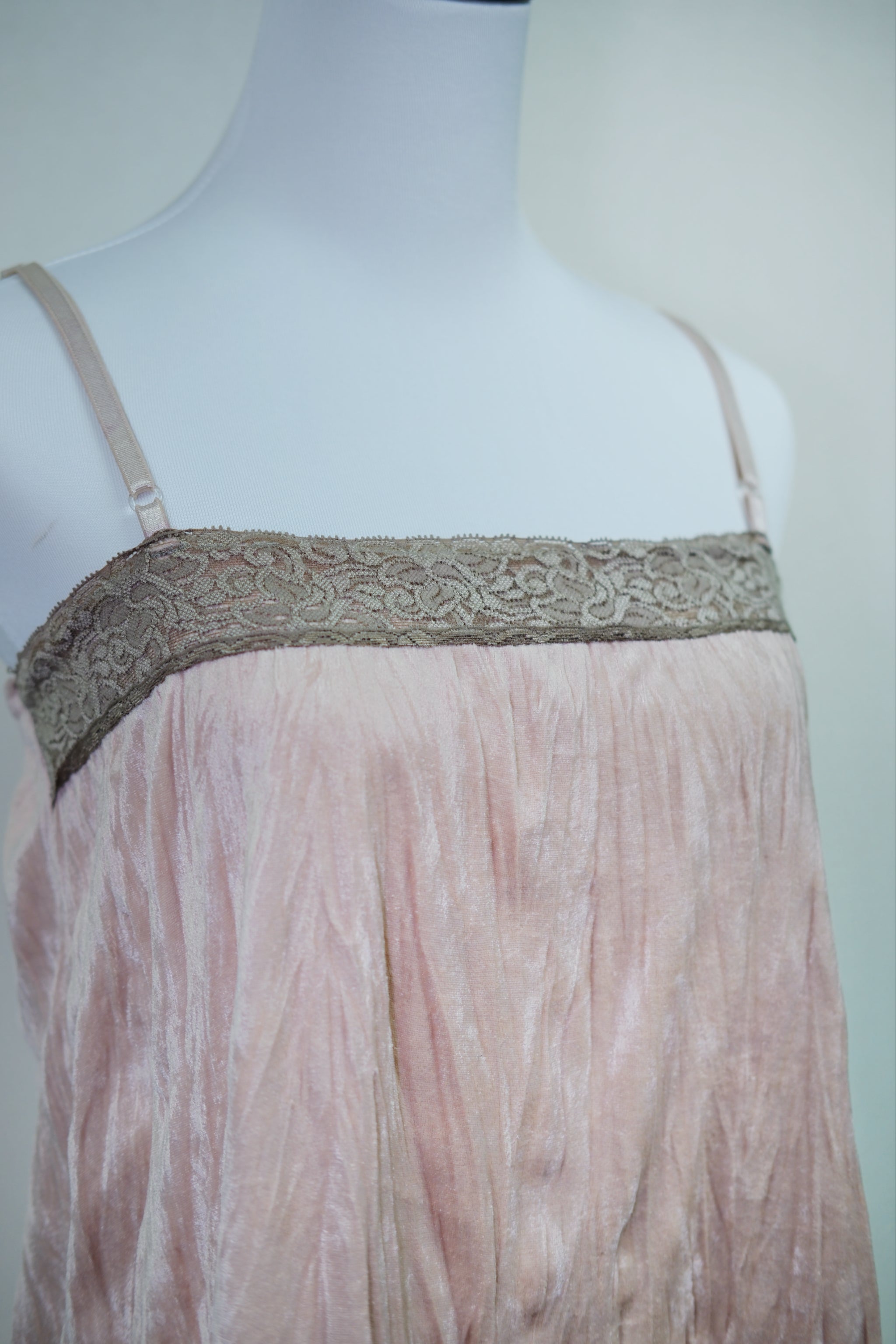 Blush Crinkled Satin Cami Top with Dual Lace Trim