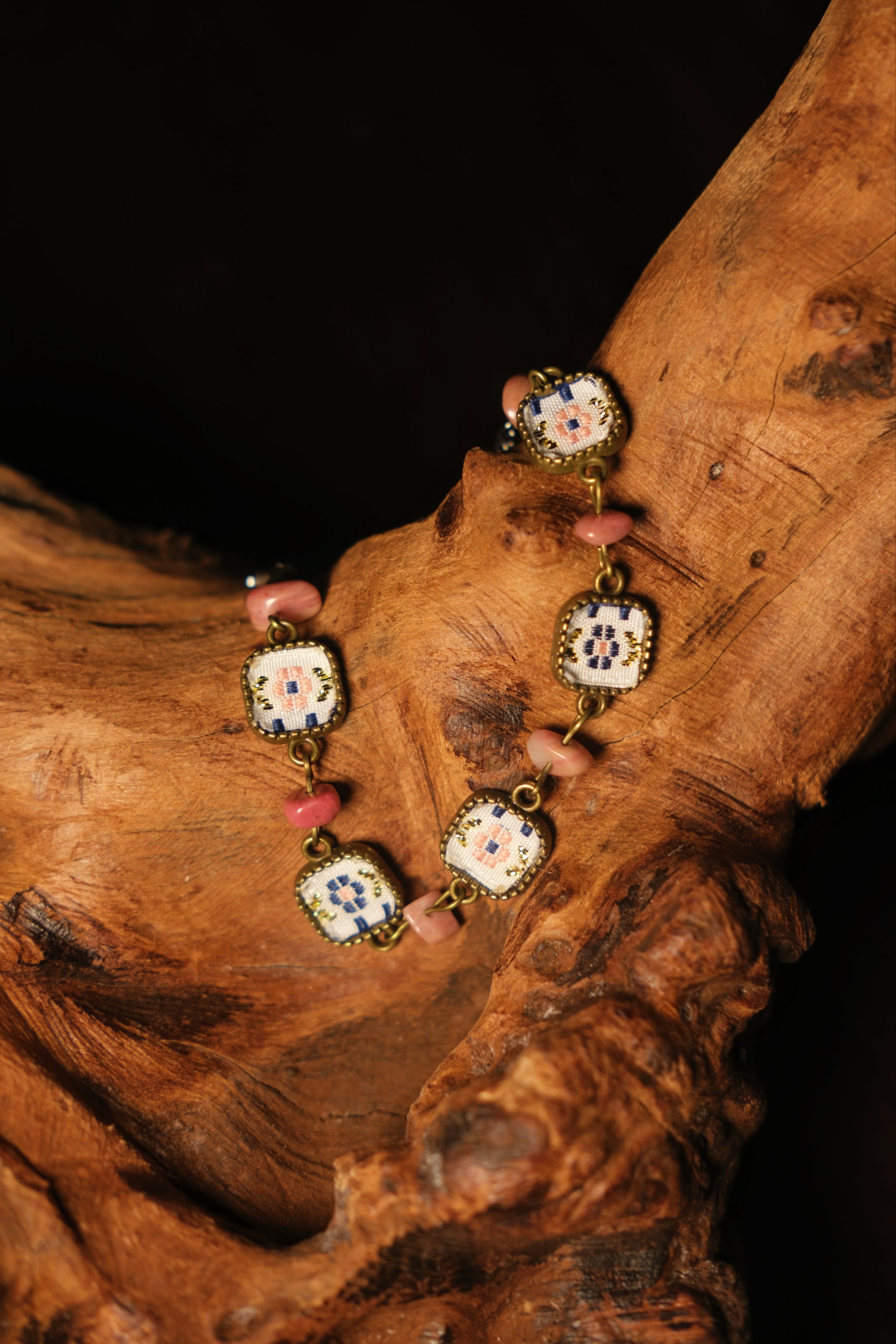 Square‑Floral Rhodochrosite Embroidery Bracelet