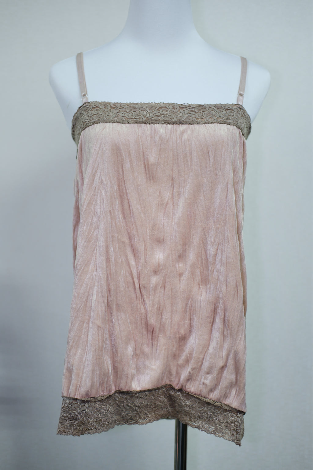Blush Crinkled Satin Cami Top with Dual Lace Trim